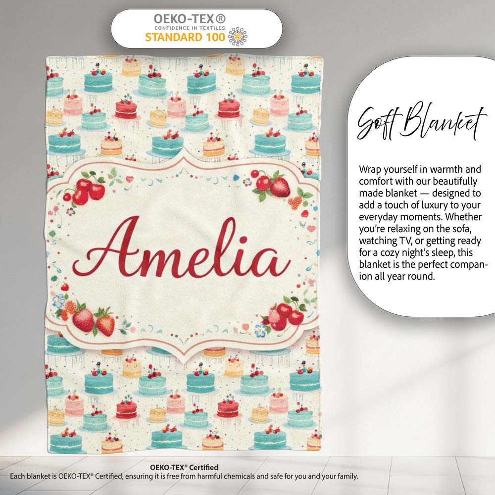 Vintage Mini Cake Seamless Pattern Dessert Food Illustration Design  Personalised Custom Name Super Soft Fleece Blanket Bed Sofa Throw
