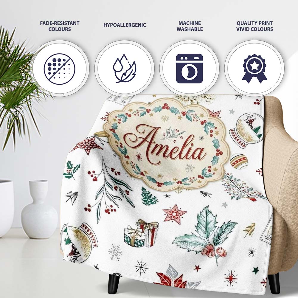 Vintage Christmas Ornaments Snowflakes Birds Seamless Pattern Lovely  Personalised Custom Name Super Soft Fleece Blanket Bed Sofa Throw