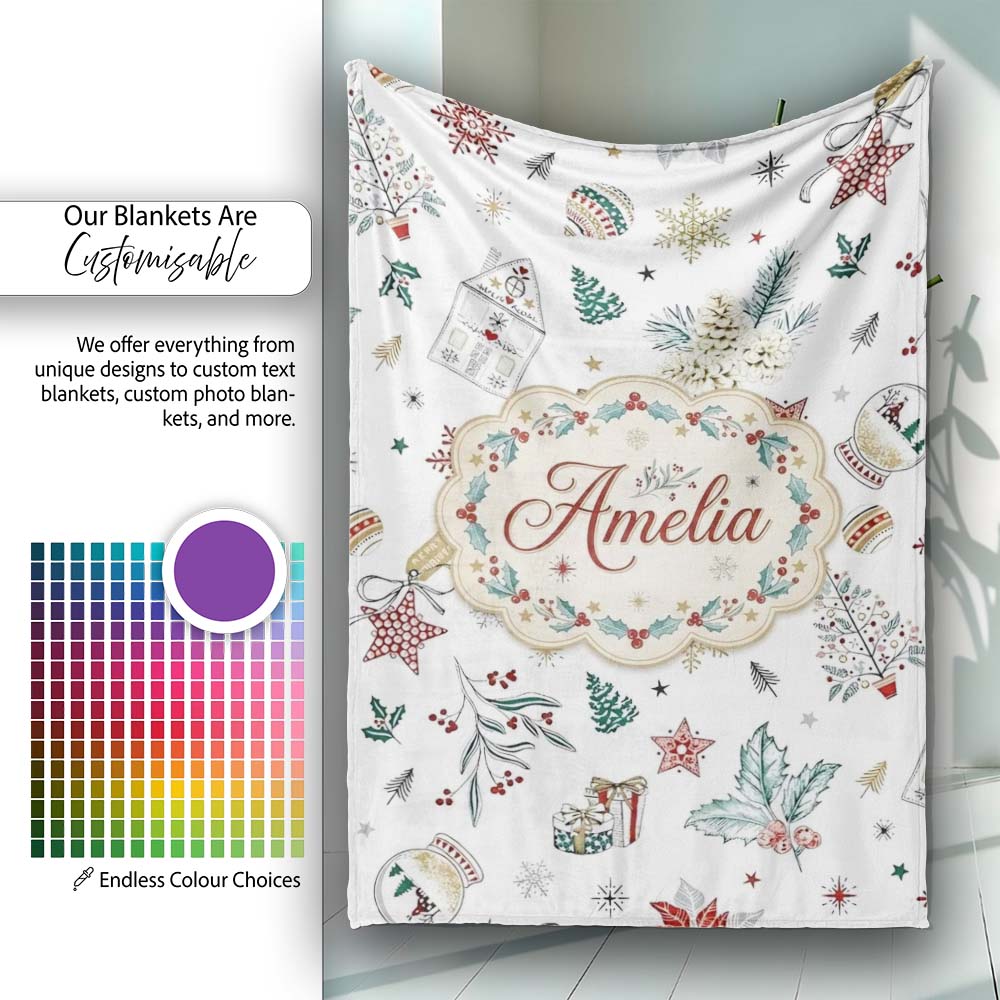 Vintage Christmas Ornaments Snowflakes Birds Seamless Pattern Lovely  Personalised Custom Name Super Soft Fleece Blanket Bed Sofa Throw