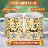 Personalized Custom Name Cute Cartoon Safari Animals with Stars on Warm Beige Background 11oz Ceramic Coffee Tea Mug White Large Handle