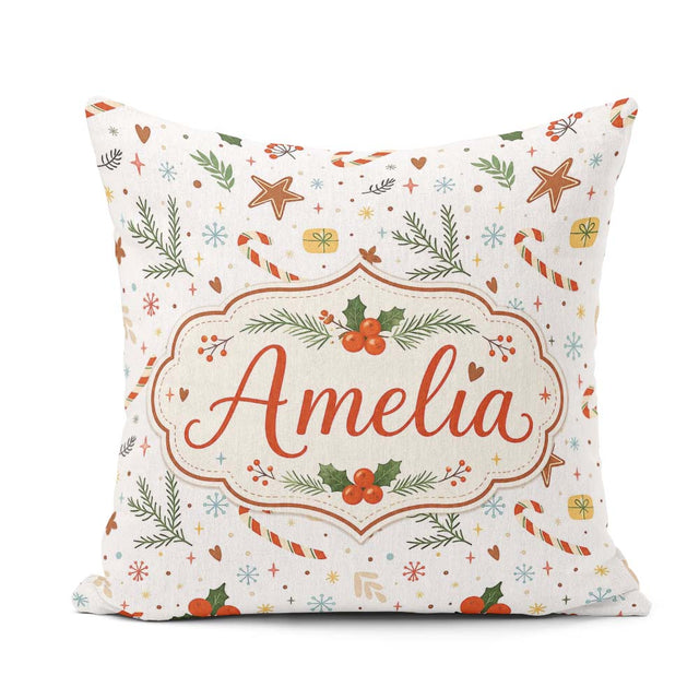 Custom Name Minimal Christmas Candy Cane Leaves Seamless Pattern Square Filled Cushion Throw Pillow Sofa Bed Home Decor Zip Washable UK Made