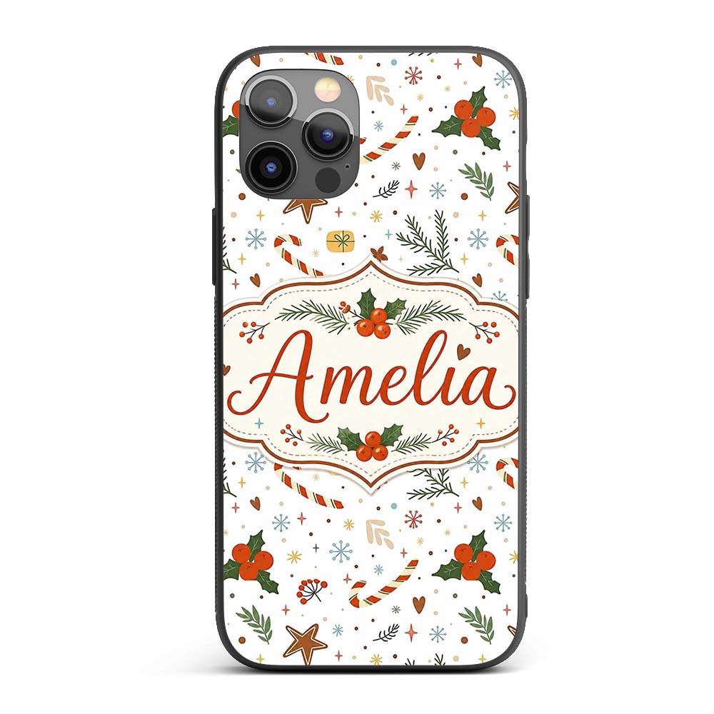 Minimal Christmas Candy Cane Holly Printed Design Custom Name Protective Phone Case Mobile Cover Durable Everyday Smartphone Shock Resistant