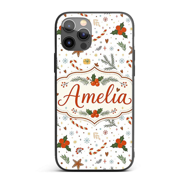 Minimal Christmas Candy Cane Holly Printed Design Custom Name Protective Phone Case Mobile Cover Durable Everyday Smartphone Shock Resistant