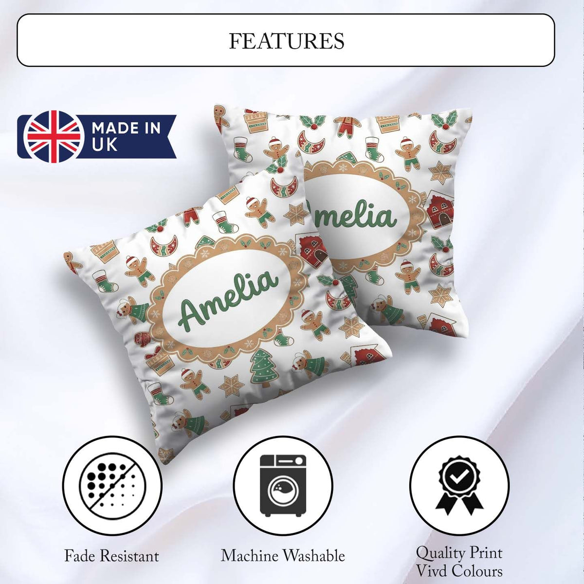 Custom Name Cute Gingerbread Cookies Stars Tree Seamless Pattern Square Filled Cushion Throw Pillow Sofa Bed Home Decor Zip Washable UK Made