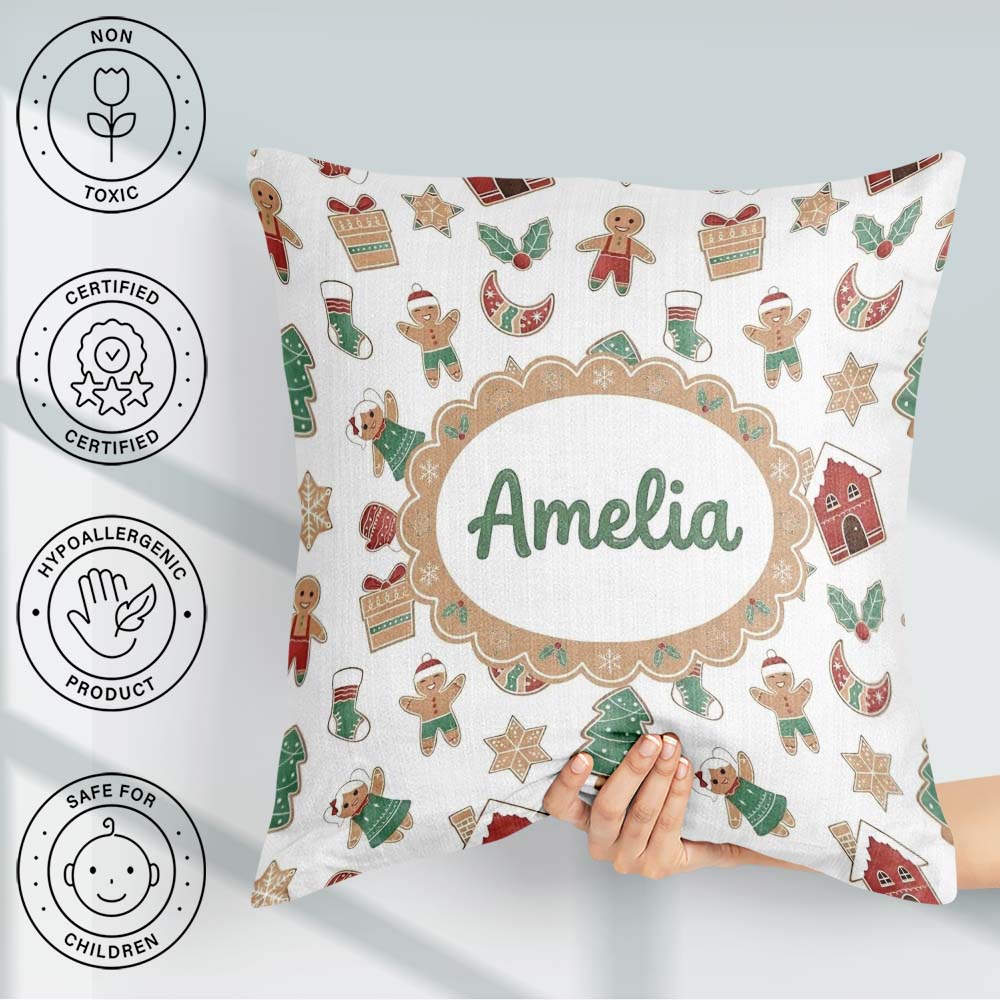 Custom Name Cute Gingerbread Cookies Stars Tree Seamless Pattern Square Filled Cushion Throw Pillow Sofa Bed Home Decor Zip Washable UK Made