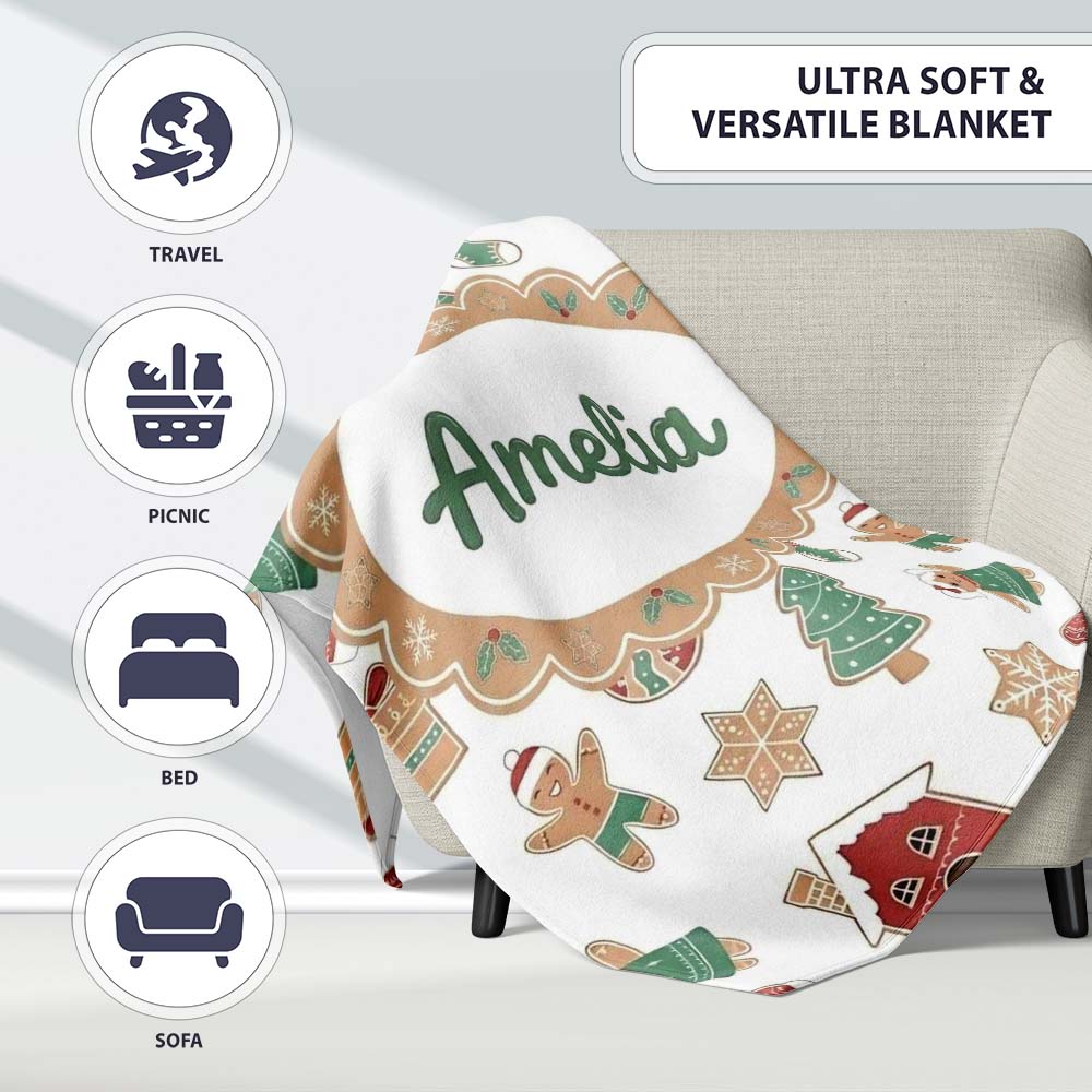 Cute Gingerbread Cookies Stars Tree House Seamless Pattern Lovely  Personalised Custom Name Super Soft Fleece Blanket Bed Sofa Throw