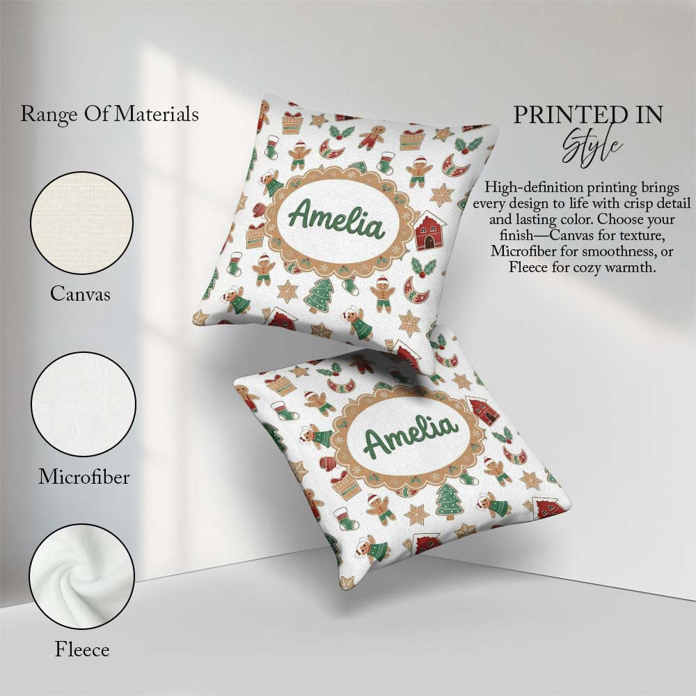 Custom Name Cute Gingerbread Cookies Stars Tree Seamless Pattern Square Filled Cushion Throw Pillow Sofa Bed Home Decor Zip Washable UK Made