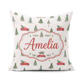 Custom Name Watercolor Christmas Trees Red Truck Winter Seamless Square Filled Cushion Throw Pillow Sofa Bed Home Decor Zip Washable UK Made