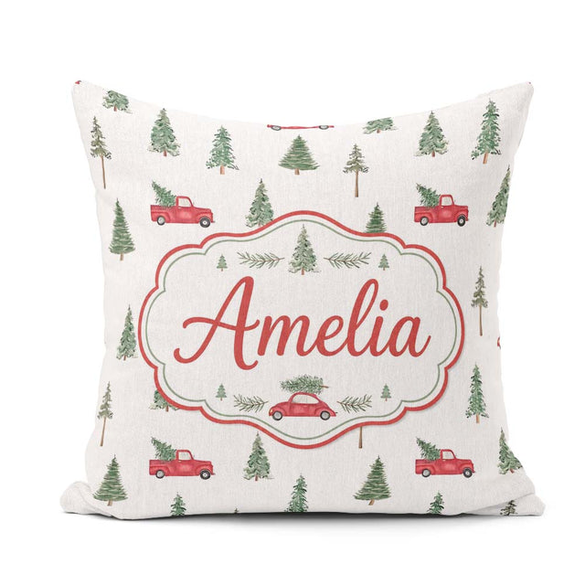 Custom Name Watercolor Christmas Trees Red Truck Winter Seamless Square Filled Cushion Throw Pillow Sofa Bed Home Decor Zip Washable UK Made