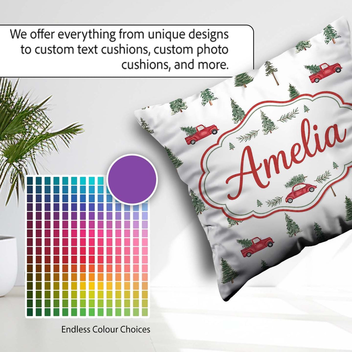 Custom Name Watercolor Christmas Trees Red Truck Winter Seamless Square Filled Cushion Throw Pillow Sofa Bed Home Decor Zip Washable UK Made