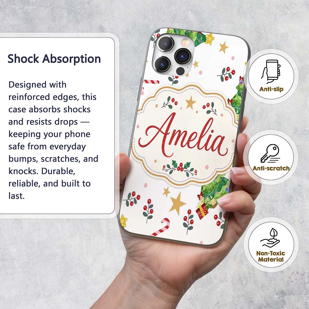 Cute Christmas Tree Candy Cane Printed Design Custom Name Protective Phone Case Mobile Cover Durable Everyday Smartphone Shock Resistant