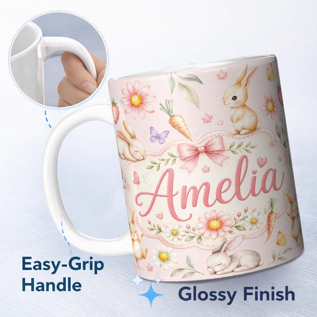 Personalized Custom Name Cute Bunny Rabbits with Flowers Carrots and Butterflies Blush Pink 11oz Ceramic Coffee Tea Mug White Large Handle