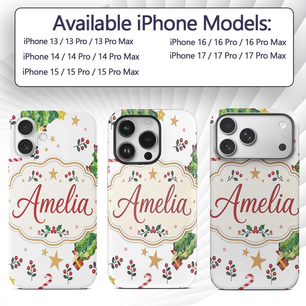 Cute Christmas Tree Candy Cane Printed Design Custom Name Protective Phone Case Mobile Cover Durable Everyday Smartphone Shock Resistant