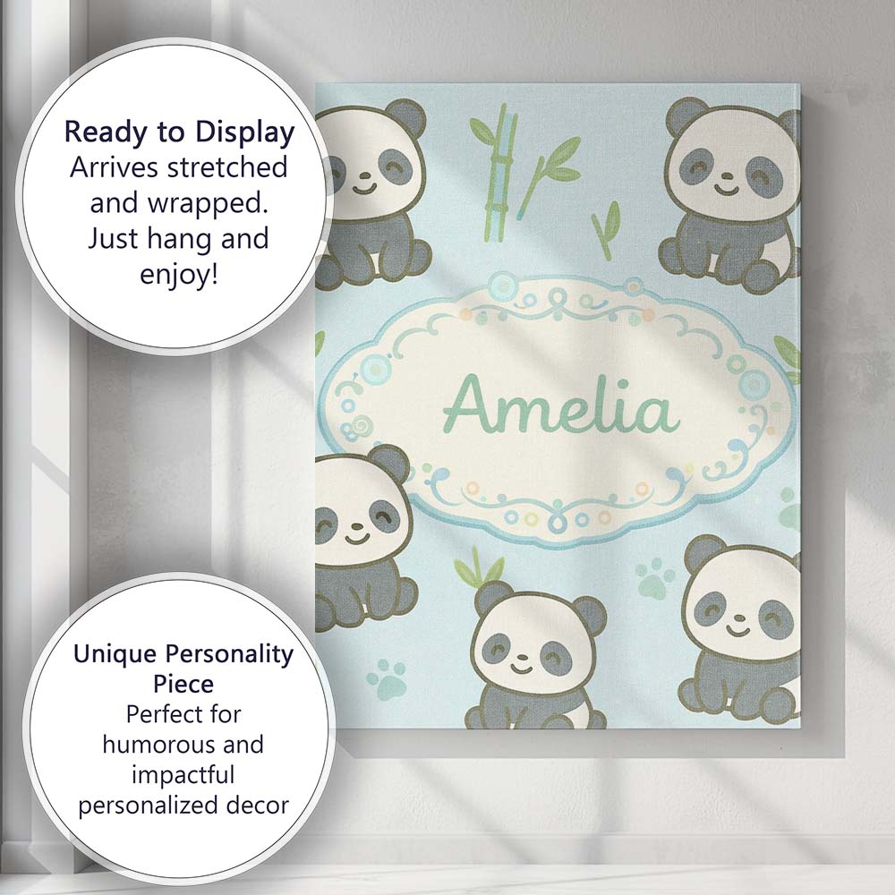 Personalised Name Cute Panda Bamboo Cartoon Animal Pattern Stylish Custom  Unique Canvas Wall Art Print Decor Picture Ready to Hang