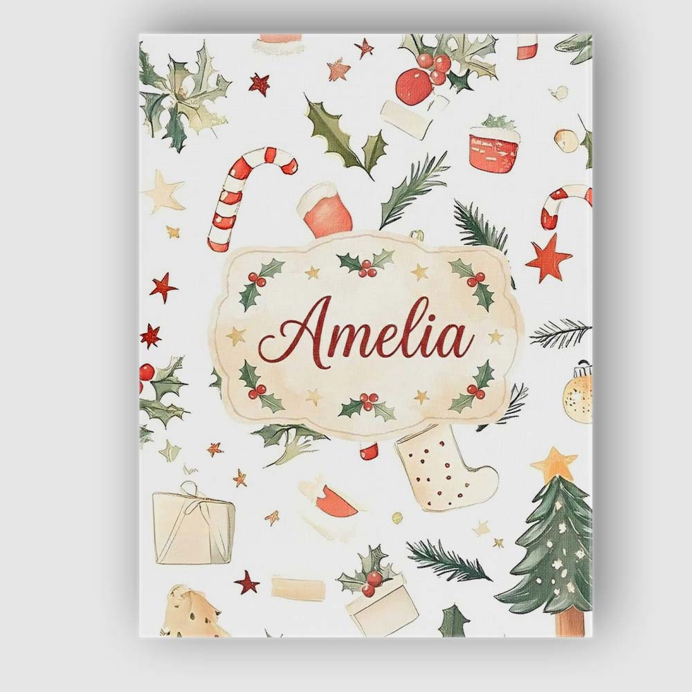 Personalised Name Festive Holly Leaves Custom  Modern Room Accent Elegant Feature Canvas Wall Art Print Decor Picture Ready to Hang