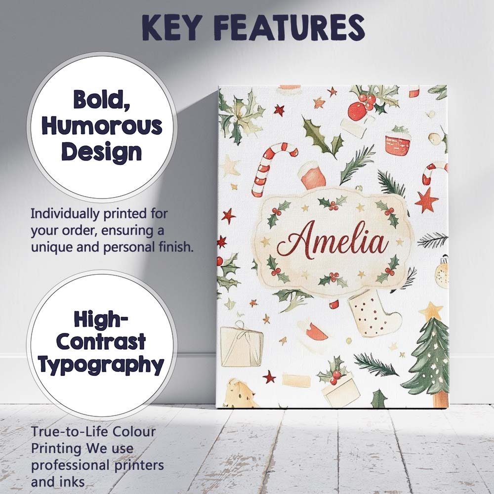 Personalised Name Festive Holly Leaves Custom  Modern Room Accent Elegant Feature Canvas Wall Art Print Decor Picture Ready to Hang