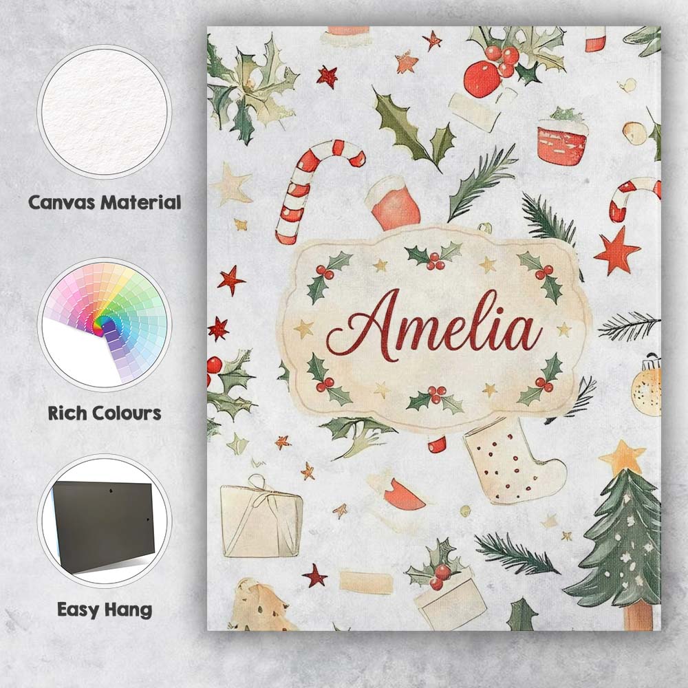 Personalised Name Festive Holly Leaves Custom  Modern Room Accent Elegant Feature Canvas Wall Art Print Decor Picture Ready to Hang