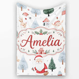 Cute Santa Bunny Winter Forest Trees Seamless Pattern Lovely  Personalised Custom Name Super Soft Fleece Blanket Bed Sofa Throw