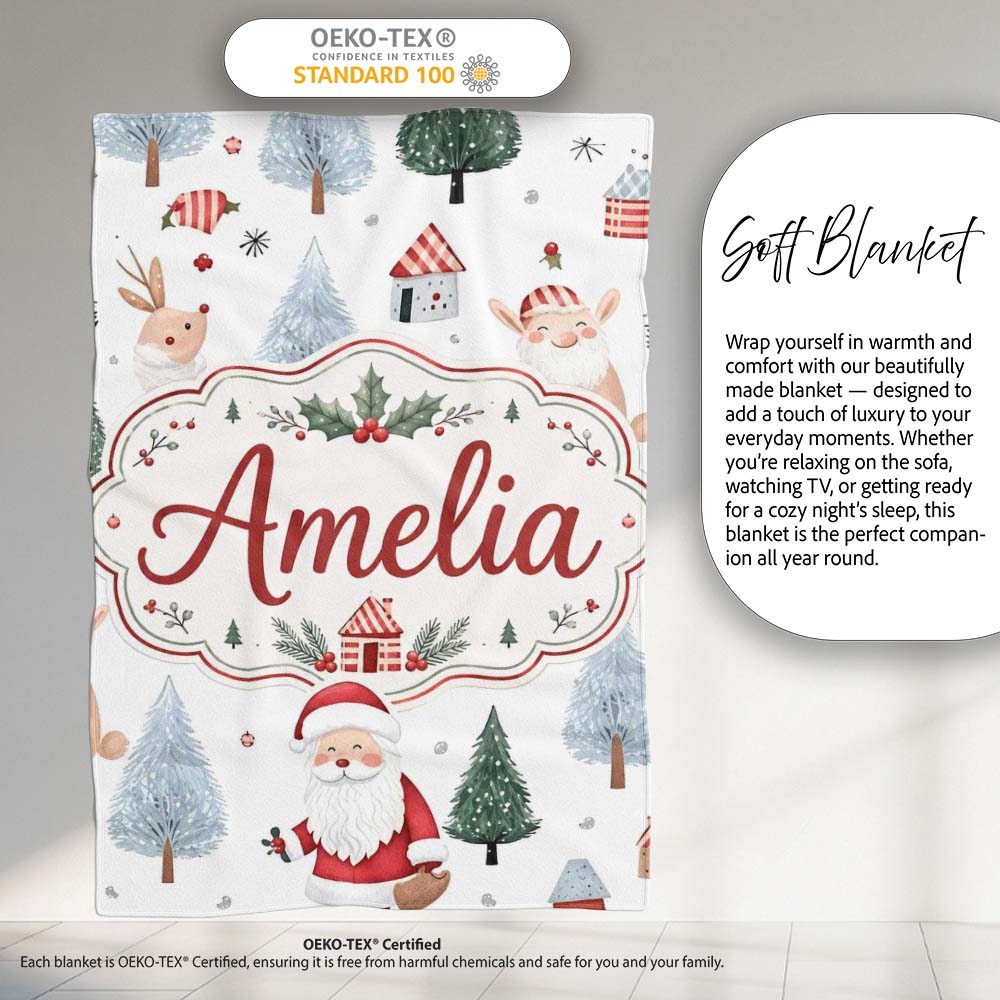 Cute Santa Bunny Winter Forest Trees Seamless Pattern Lovely  Personalised Custom Name Super Soft Fleece Blanket Bed Sofa Throw