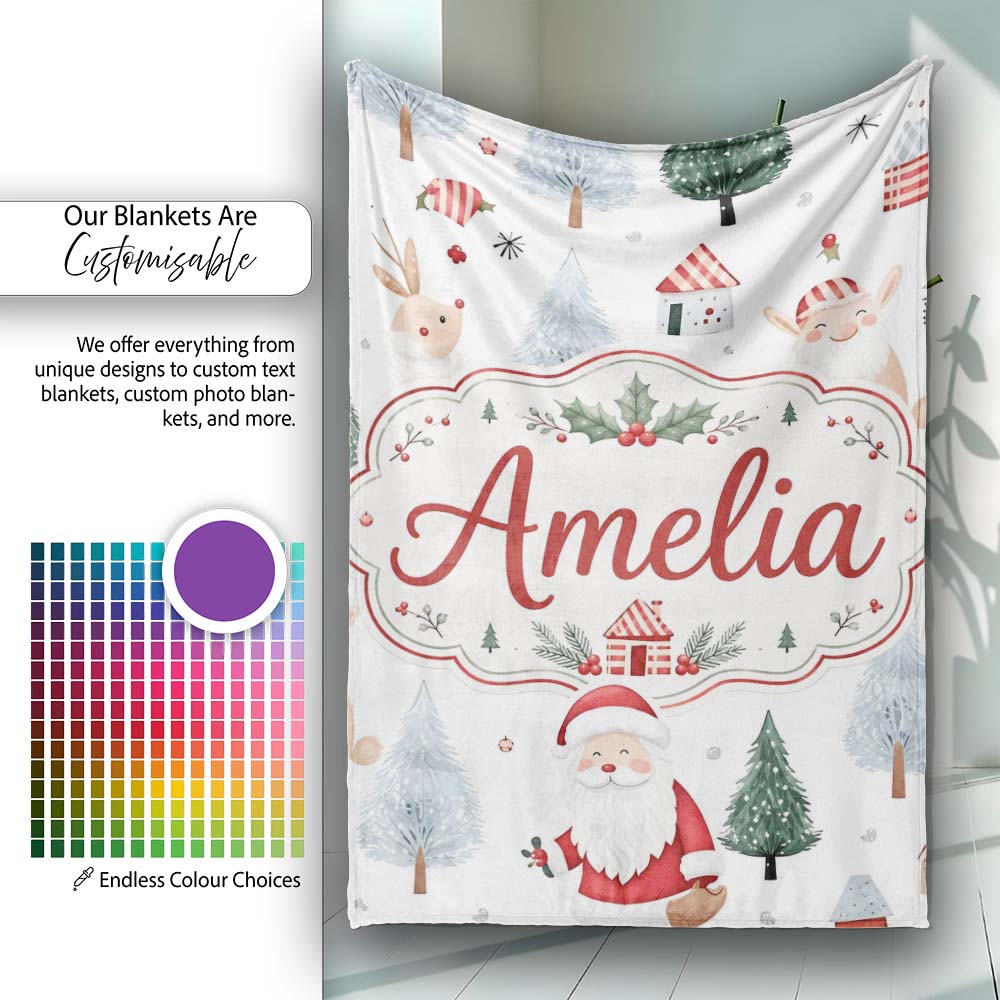 Cute Santa Bunny Winter Forest Trees Seamless Pattern Lovely  Personalised Custom Name Super Soft Fleece Blanket Bed Sofa Throw