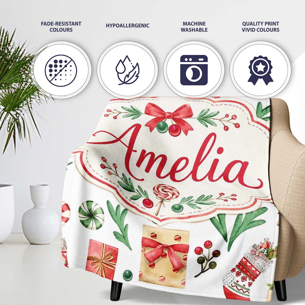 Christmas Gifts Candy Lollipop Stockings Seamless Pattern Lovely  Personalised Custom Name Super Soft Fleece Blanket Bed Sofa Throw