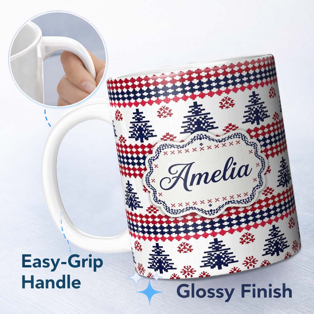 Personalized Custom Name Nordic Red Blue Christmas Tree Snowflake Seamless Pattern Lovely 11oz Ceramic Coffee Tea Mug White Large Handle
