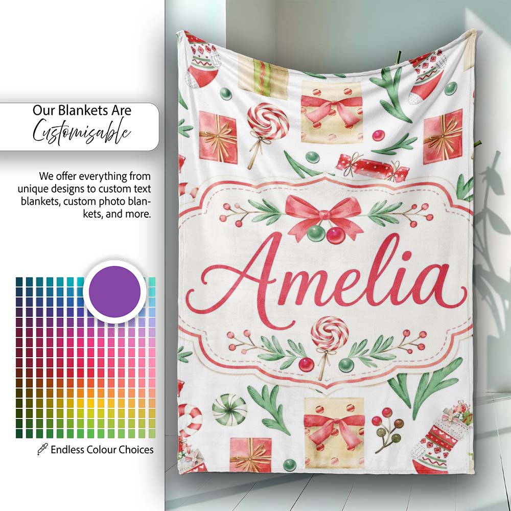 Christmas Gifts Candy Lollipop Stockings Seamless Pattern Lovely  Personalised Custom Name Super Soft Fleece Blanket Bed Sofa Throw