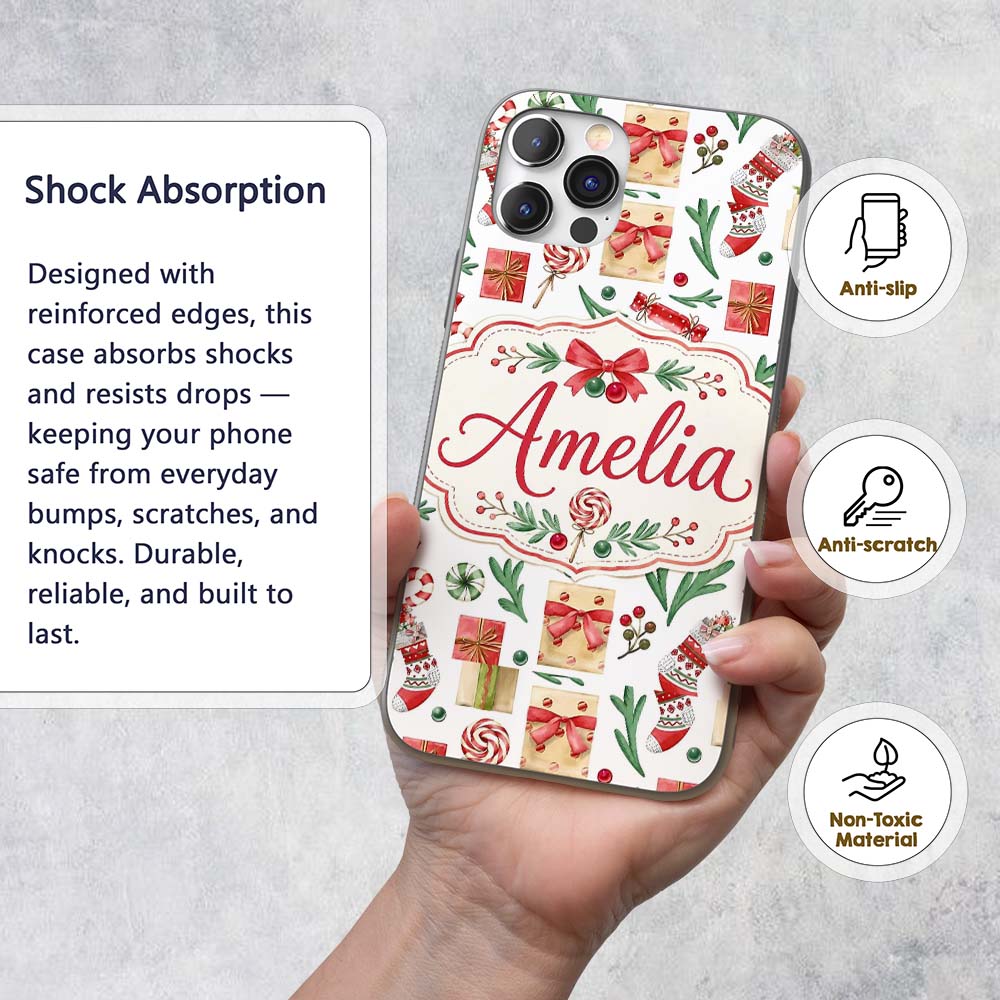 Christmas Gifts Candy Lollipop Stockings Seamless Custom Name Protective Phone Case Mobile Cover Durable Everyday Smartphone Shock Resistant