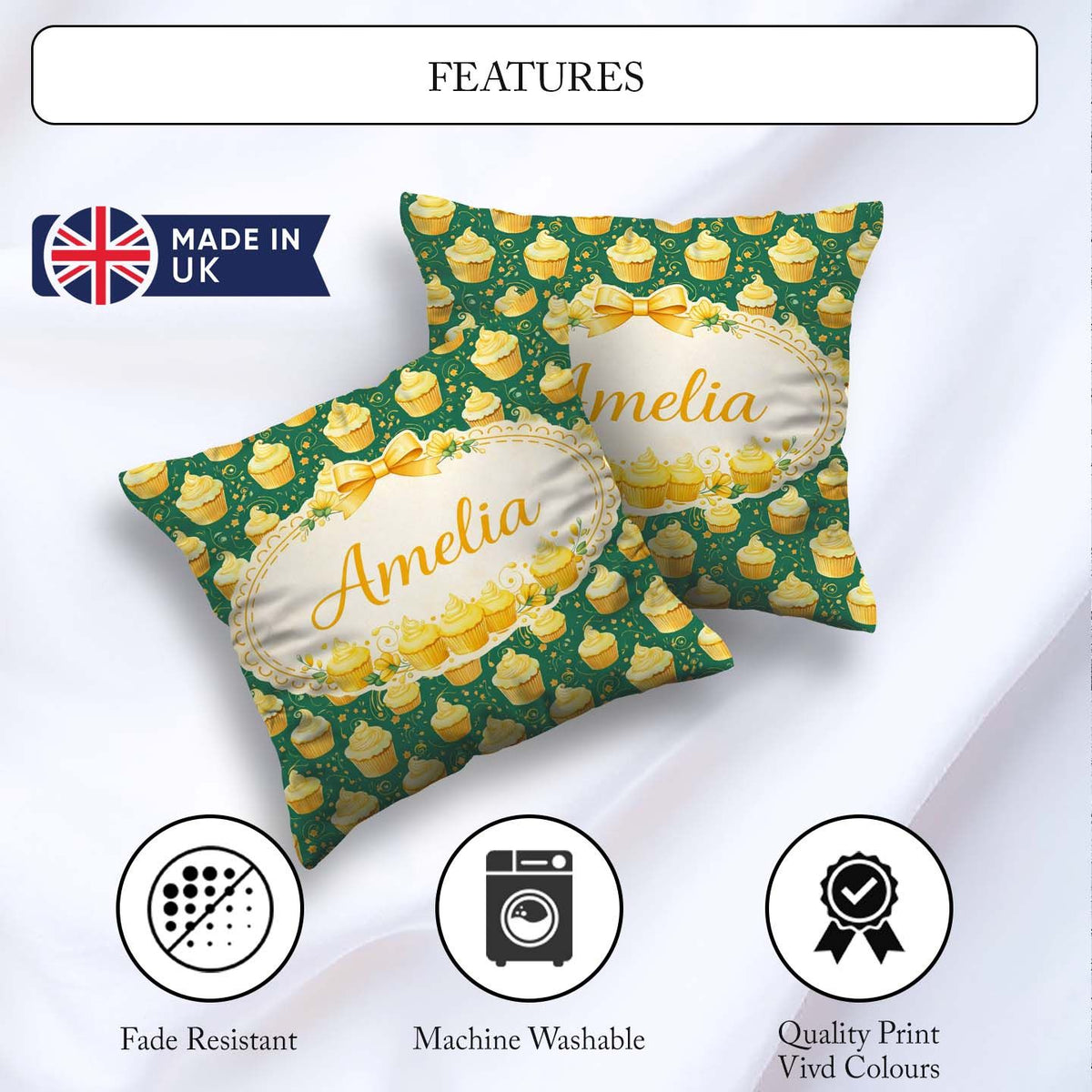 Custom Name Cupcake Dessert Pattern Dark Green Food Illustration Square Filled Cushion Throw Pillow Sofa Bed Home Decor Zip Washable UK Made