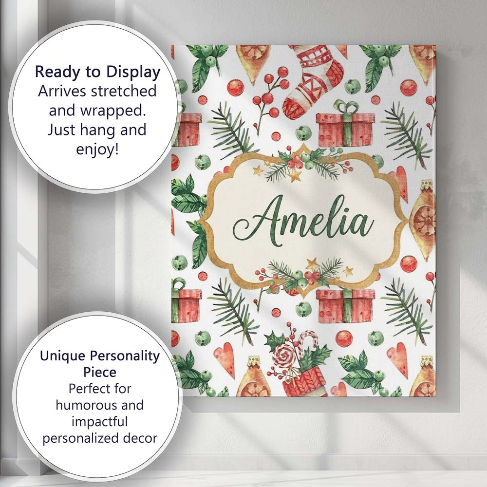 Personalised Name Watercolor Christmas Custom  Modern Room Accent Elegant Feature Canvas Wall Art Print Decor Picture Ready to Hang