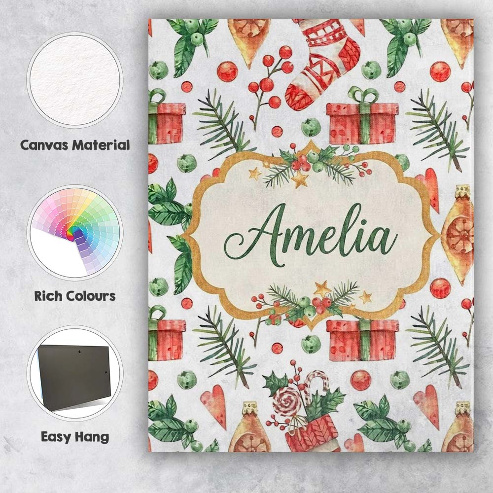 Personalised Name Watercolor Christmas Custom  Modern Room Accent Elegant Feature Canvas Wall Art Print Decor Picture Ready to Hang