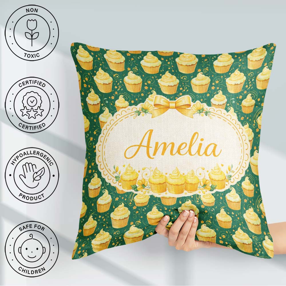 Custom Name Cupcake Dessert Pattern Dark Green Food Illustration Square Filled Cushion Throw Pillow Sofa Bed Home Decor Zip Washable UK Made