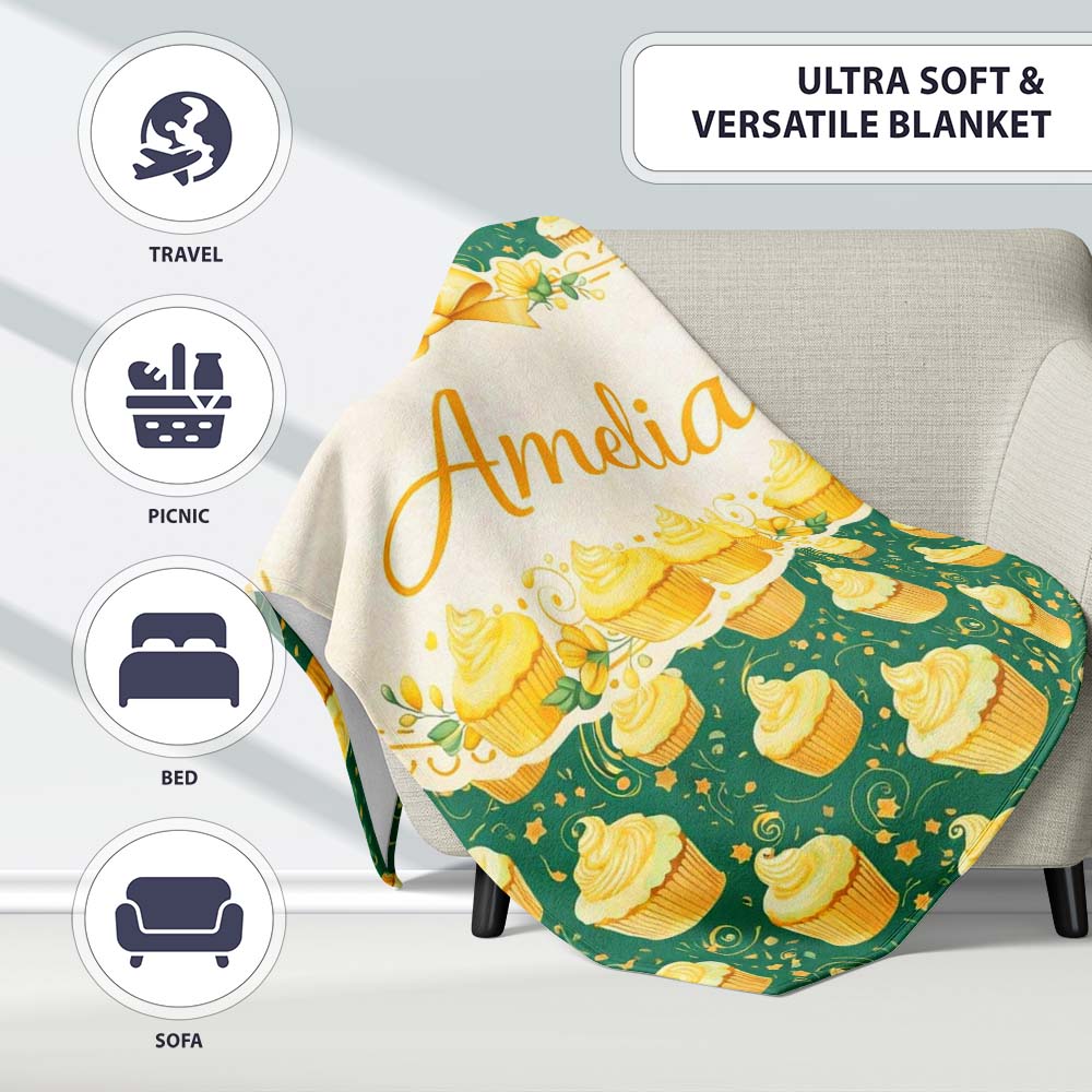 Cupcake Dessert Seamless Pattern Dark Green Sweet Food Illustration  Personalised Custom Name Super Soft Fleece Blanket Bed Sofa Throw