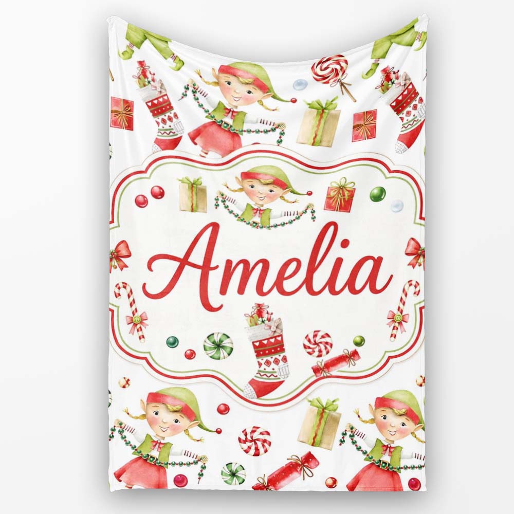 Cute Christmas Elves Candy Cane Gifts Seamless Pattern Lovely  Personalised Custom Name Super Soft Fleece Blanket Bed Sofa Throw