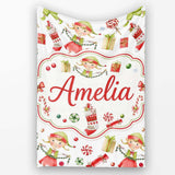 Cute Christmas Elves Candy Cane Gifts Seamless Pattern Lovely  Personalised Custom Name Super Soft Fleece Blanket Bed Sofa Throw