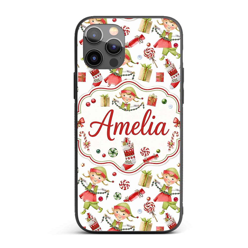 Cute Christmas Elves Candy Cane Gifts Seamless Custom Name Protective Phone Case Mobile Cover Durable Everyday Smartphone Shock Resistant