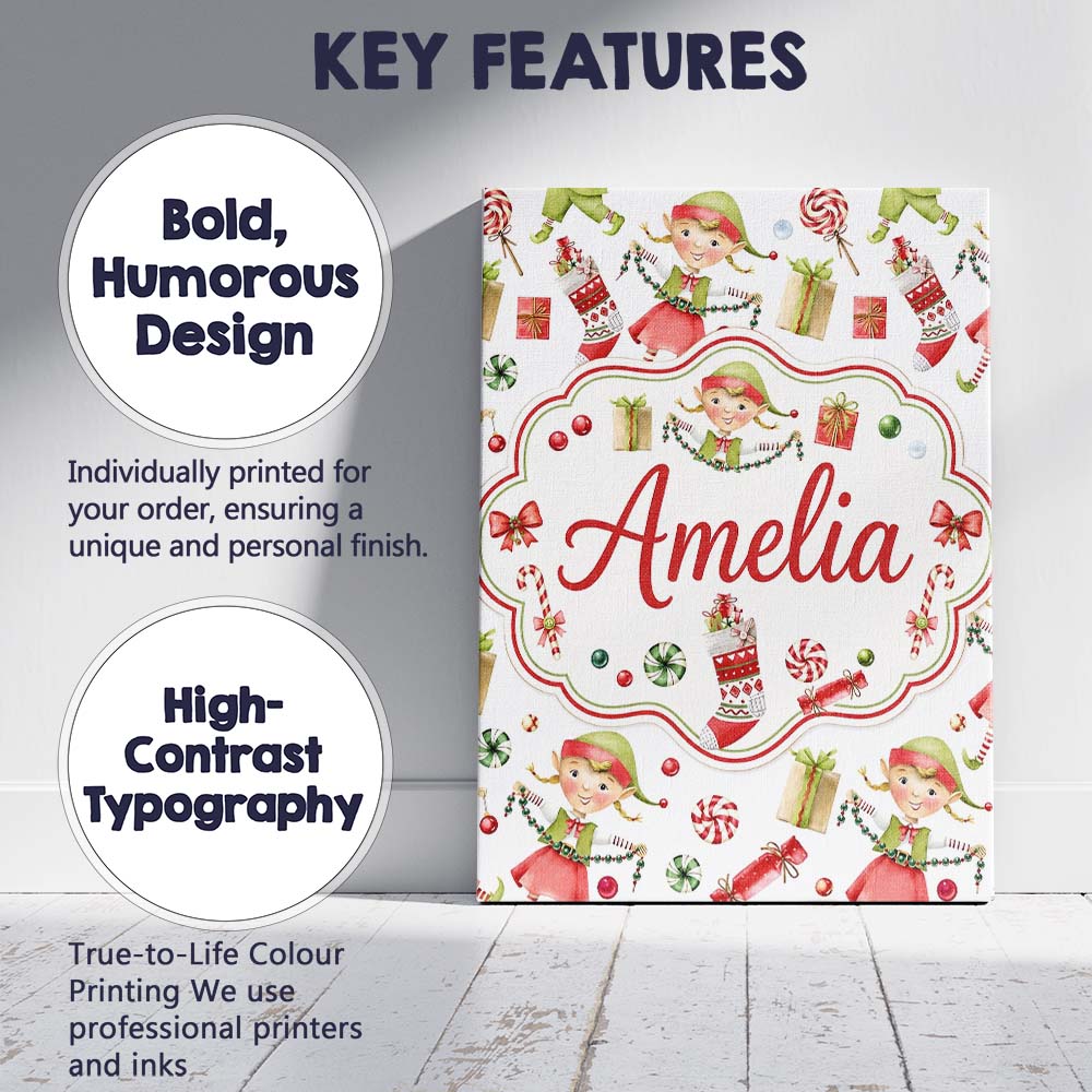 Personalised Name Cute Christmas Elves Custom  Modern Room Accent Elegant Feature Canvas Wall Art Print Decor Picture Ready to Hang