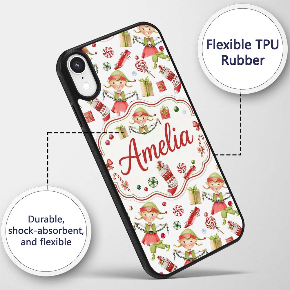 Cute Christmas Elves Candy Cane Gifts Seamless Custom Name Protective Phone Case Mobile Cover Durable Everyday Smartphone Shock Resistant