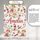 Cute Christmas Elves Candy Cane Gifts Seamless Pattern Lovely  Personalised Custom Name Super Soft Fleece Blanket Bed Sofa Throw