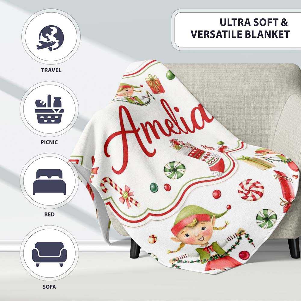 Cute Christmas Elves Candy Cane Gifts Seamless Pattern Lovely  Personalised Custom Name Super Soft Fleece Blanket Bed Sofa Throw