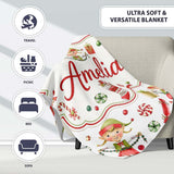 Cute Christmas Elves Candy Cane Gifts Seamless Pattern Lovely  Personalised Custom Name Super Soft Fleece Blanket Bed Sofa Throw