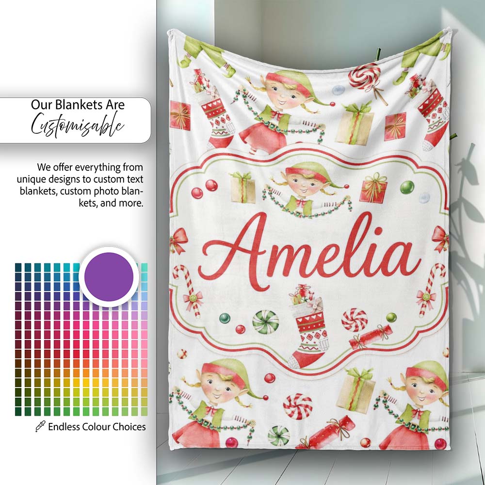 Cute Christmas Elves Candy Cane Gifts Seamless Pattern Lovely  Personalised Custom Name Super Soft Fleece Blanket Bed Sofa Throw