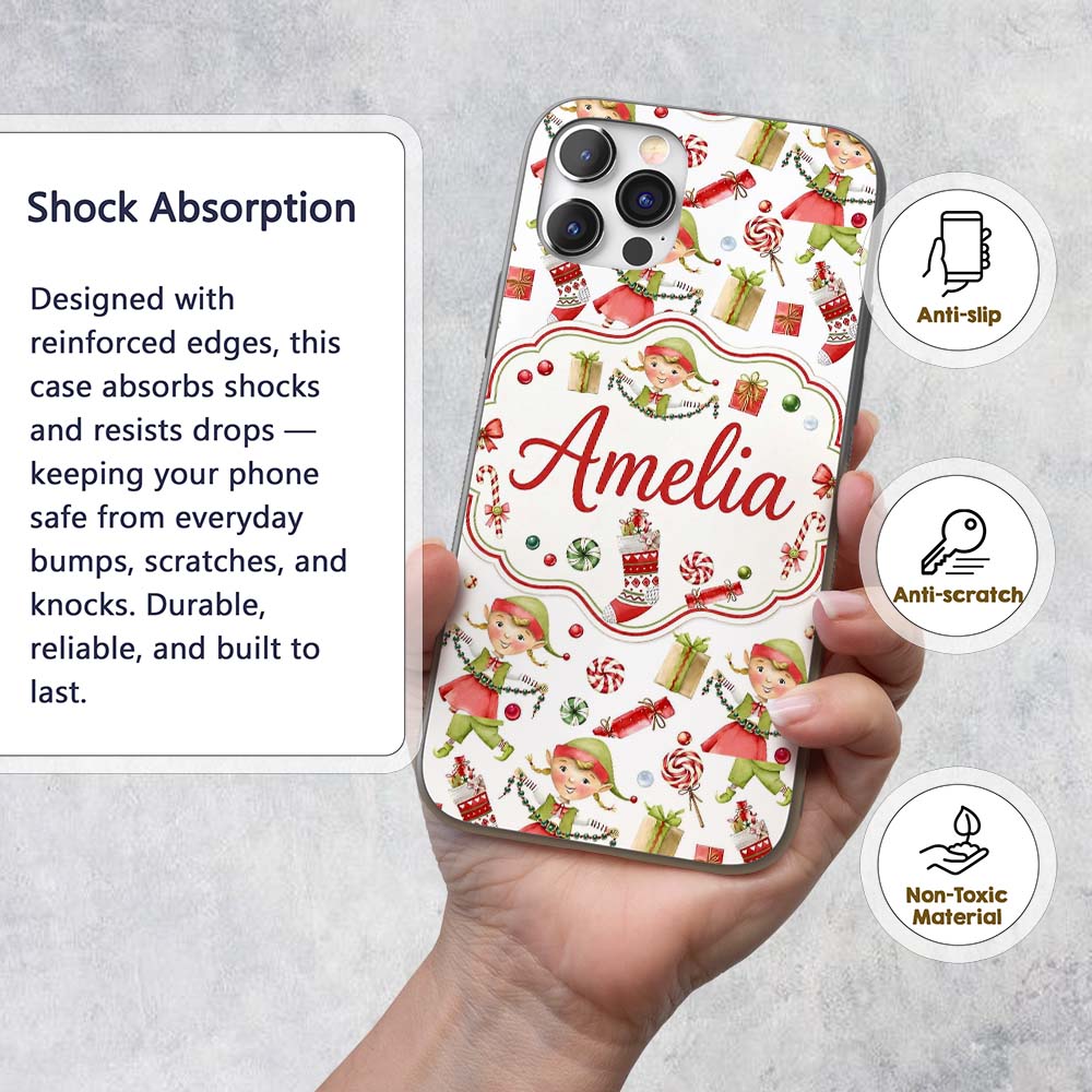 Cute Christmas Elves Candy Cane Gifts Seamless Custom Name Protective Phone Case Mobile Cover Durable Everyday Smartphone Shock Resistant