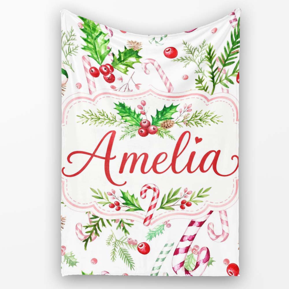 Watercolor Candy Cane Holly Berry Pinecone Christmas Seamless Lovely  Personalised Custom Name Super Soft Fleece Blanket Bed Sofa Throw