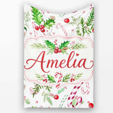 Watercolor Candy Cane Holly Berry Pinecone Christmas Seamless Lovely  Personalised Custom Name Super Soft Fleece Blanket Bed Sofa Throw