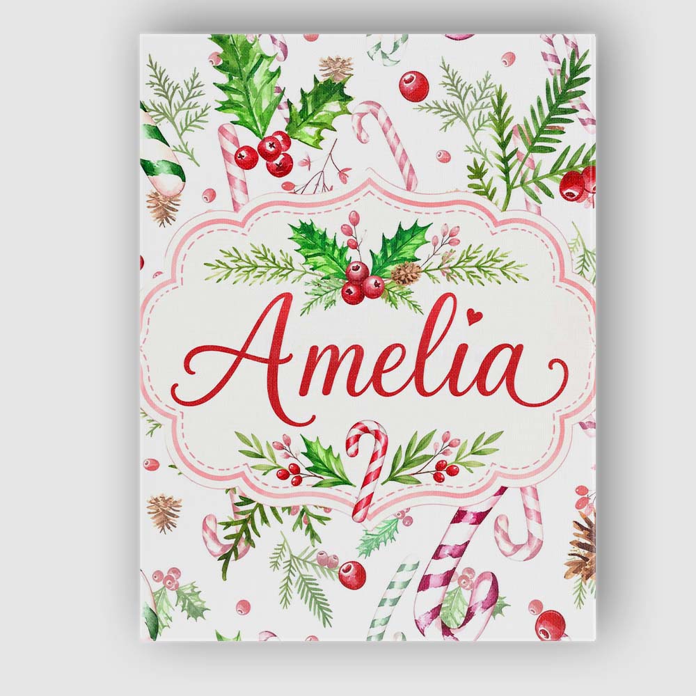 Personalised Name Watercolor Candy Cane Custom  Modern Room Accent Elegant Feature Canvas Wall Art Print Decor Picture Ready to Hang