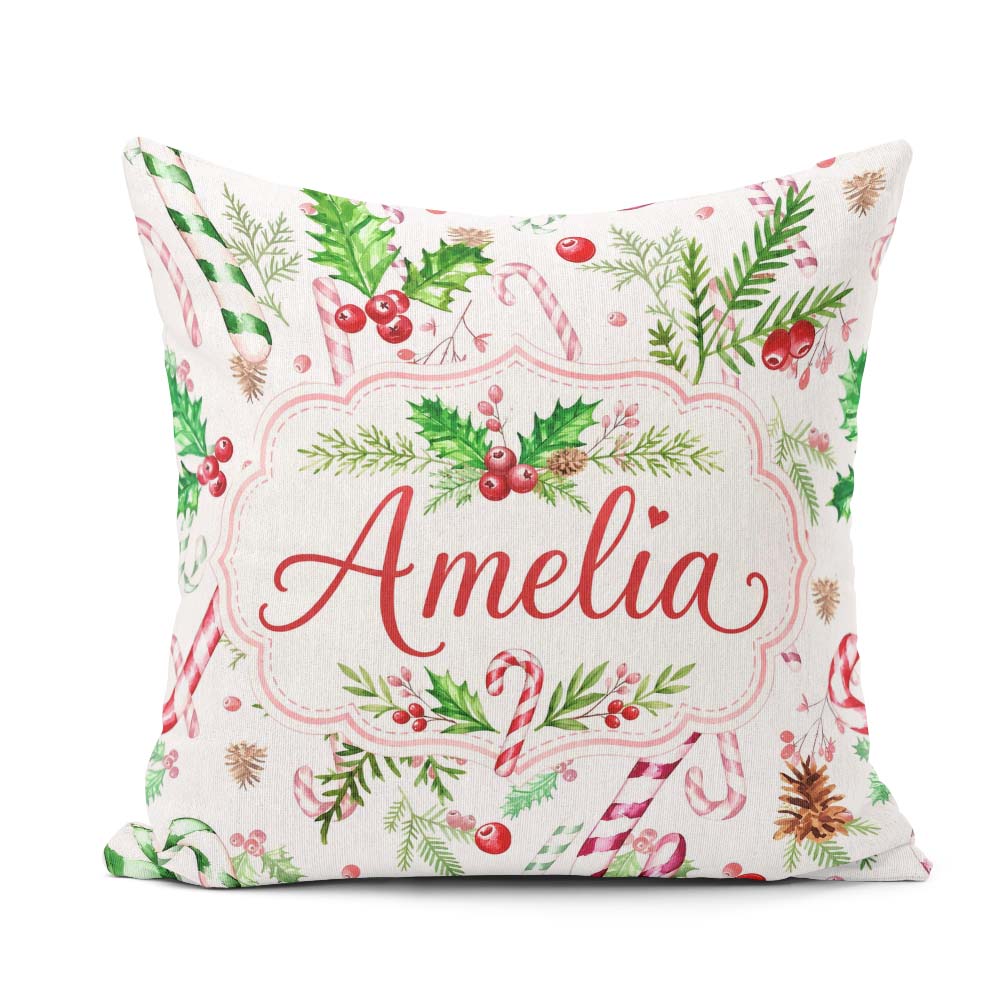Custom Name Watercolor Candy Cane Holly Berry Pinecone Christmas Square Filled Cushion Throw Pillow Sofa Bed Home Decor Zip Washable UK Made