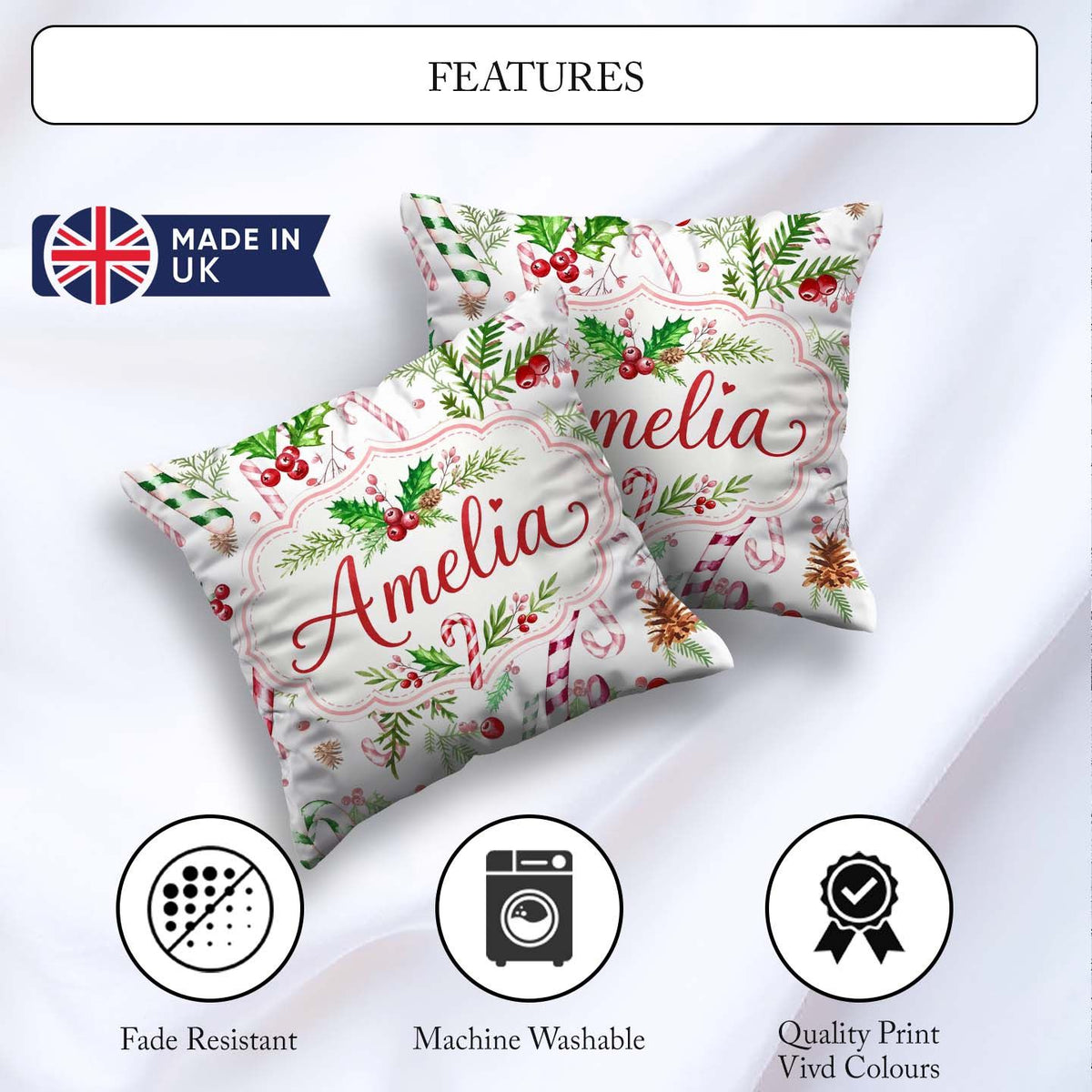 Custom Name Watercolor Candy Cane Holly Berry Pinecone Christmas Square Filled Cushion Throw Pillow Sofa Bed Home Decor Zip Washable UK Made