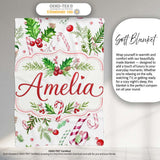 Watercolor Candy Cane Holly Berry Pinecone Christmas Seamless Lovely  Personalised Custom Name Super Soft Fleece Blanket Bed Sofa Throw