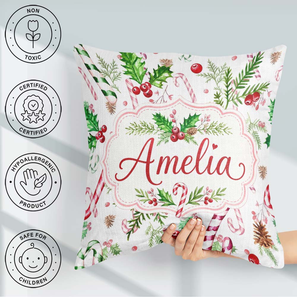 Custom Name Watercolor Candy Cane Holly Berry Pinecone Christmas Square Filled Cushion Throw Pillow Sofa Bed Home Decor Zip Washable UK Made